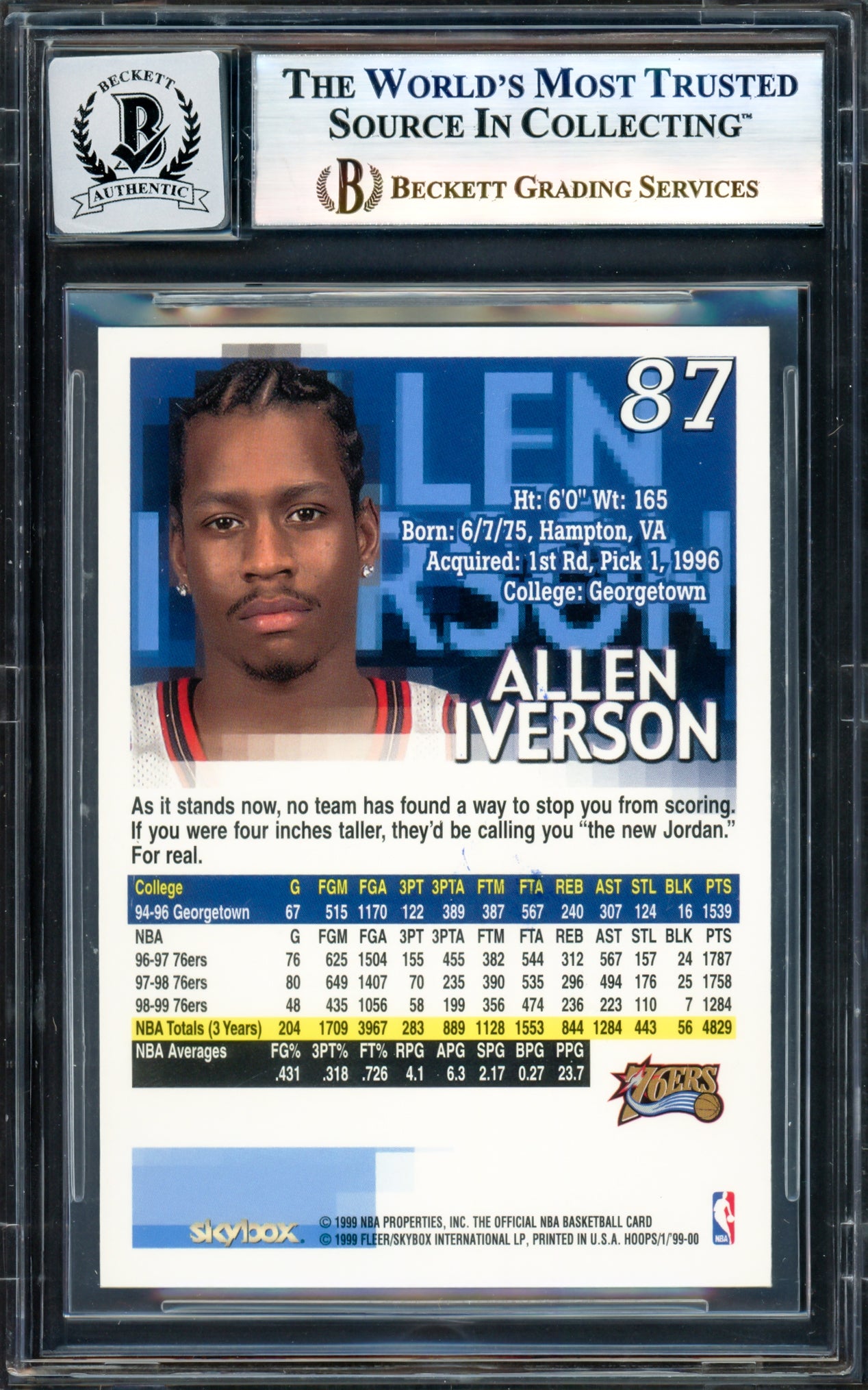 Allen Iverson Autographed 1999-00 Hoops Card #87 Philadelphia 76ers Auto Grade Gem Mint 10 Beckett BAS Witness #17005012
