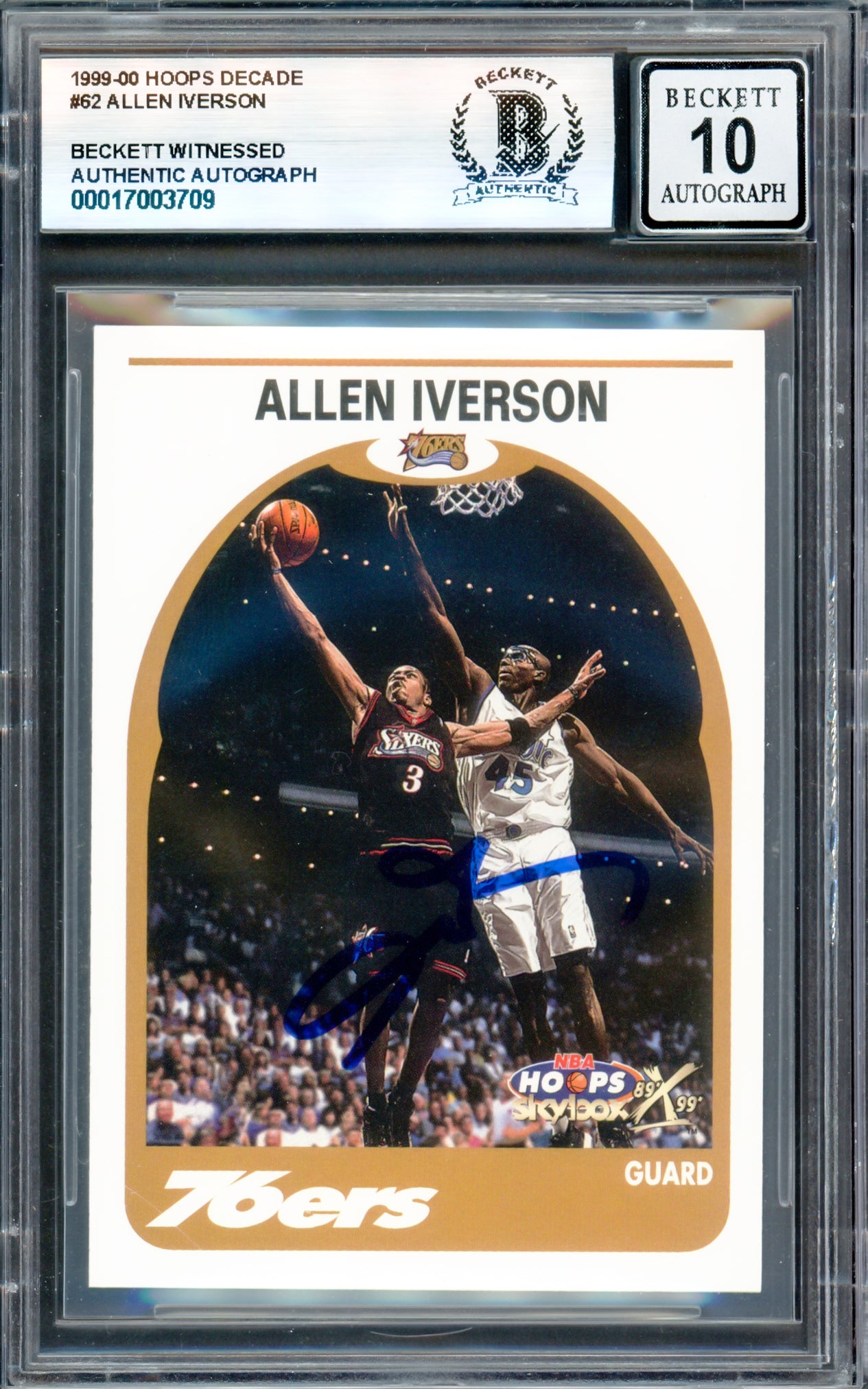 Allen Iverson Autographed 1999-00 Hoops Decade Card #62 Philadelphia 76ers Auto Grade Gem Mint 10 Beckett BAS Witness #17003709