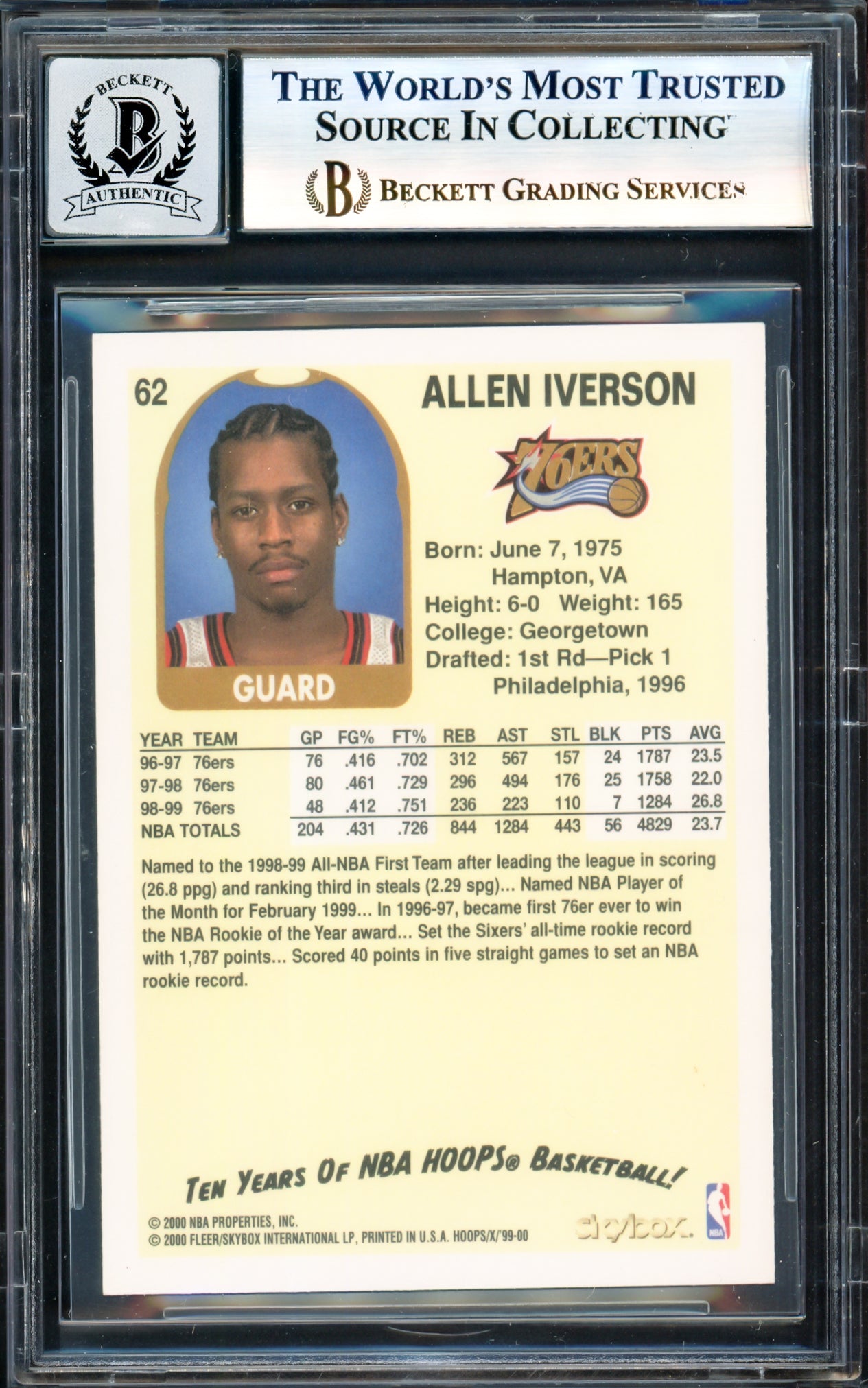 Allen Iverson Autographed 1999-00 Hoops Decade Card #62 Philadelphia 76ers Auto Grade Gem Mint 10 Beckett BAS Witness #17003709