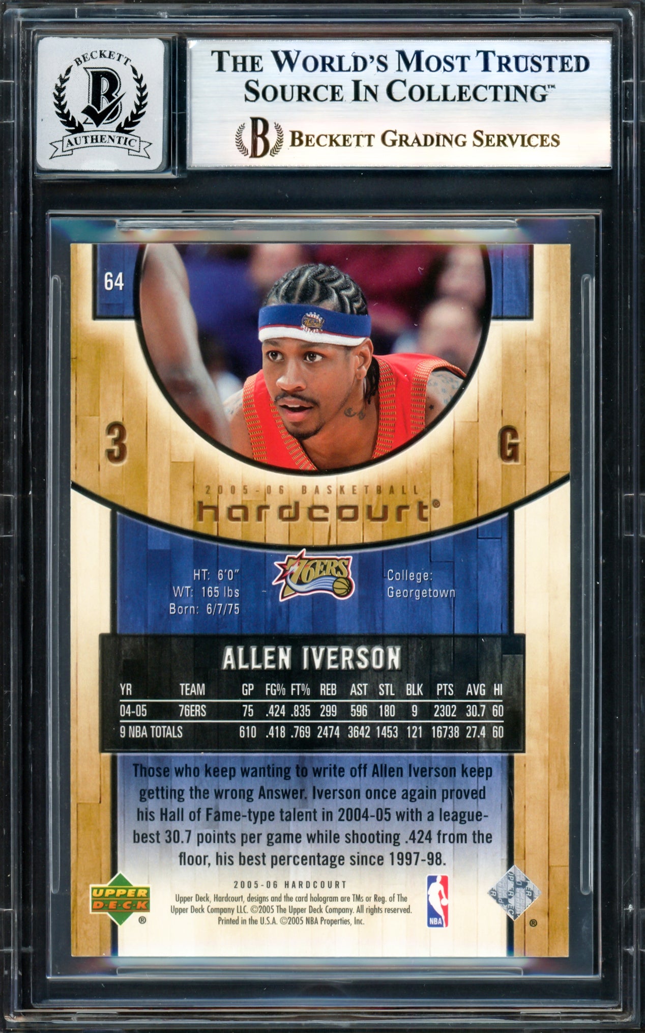 Allen Iverson Autographed 2005-06 Upper Deck Hardcourt Card #64 Philadelphia 76ers Auto Grade Gem Mint 10 Beckett BAS Witness #17004298