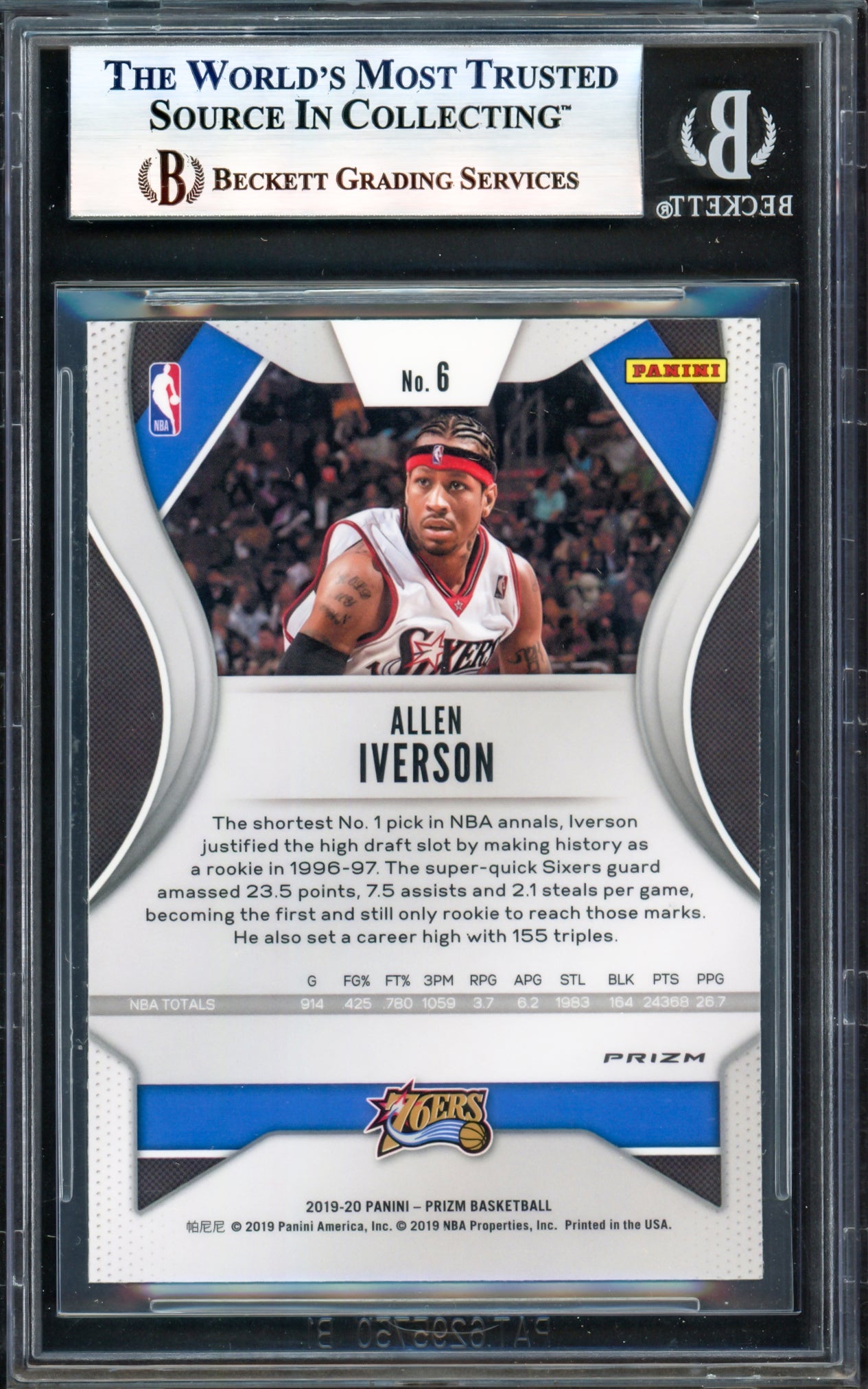 Allen Iverson Autographed 2019-20 Panini Prizm Prizms Silver Card #6 Philadelphia 76ers Beckett BAS Witness #17005702
