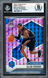 Allen Iverson Autographed 2020-21 Panini Mosaic Purple Card #292 Philadelphia 76ers #10/49 Beckett BAS Witness #17005716