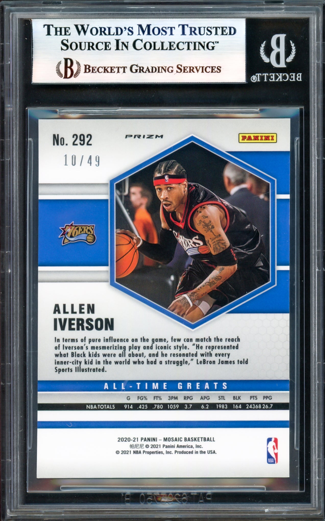 Allen Iverson Autographed 2020-21 Panini Mosaic Purple Card #292 Philadelphia 76ers #10/49 Beckett BAS Witness #17005716