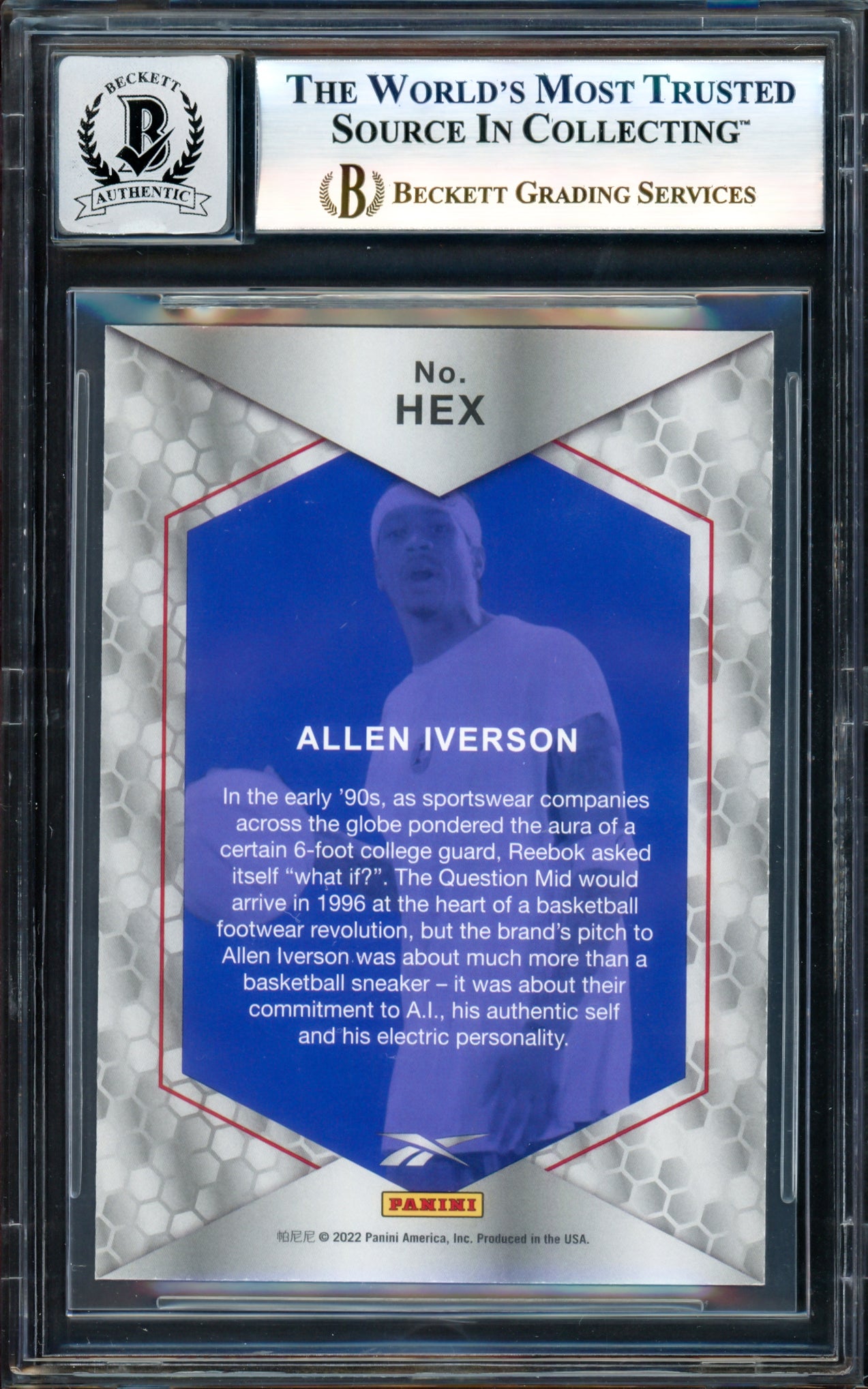 Allen Iverson Autographed 2022 Panini X Reebok Tiger Stripe Holofoil Card #HEX Philadelphia 76ers Auto Grade Gem Mint 10 Beckett BAS Witness #17003443