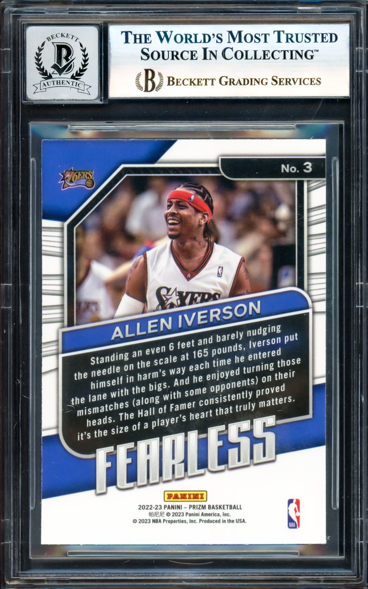 Allen Iverson Autographed 2022-23 Panini Prizm Fearless Card #3 Philadelphia 76ers Auto Grade Gem Mint 10 Beckett BAS Witness #17003460