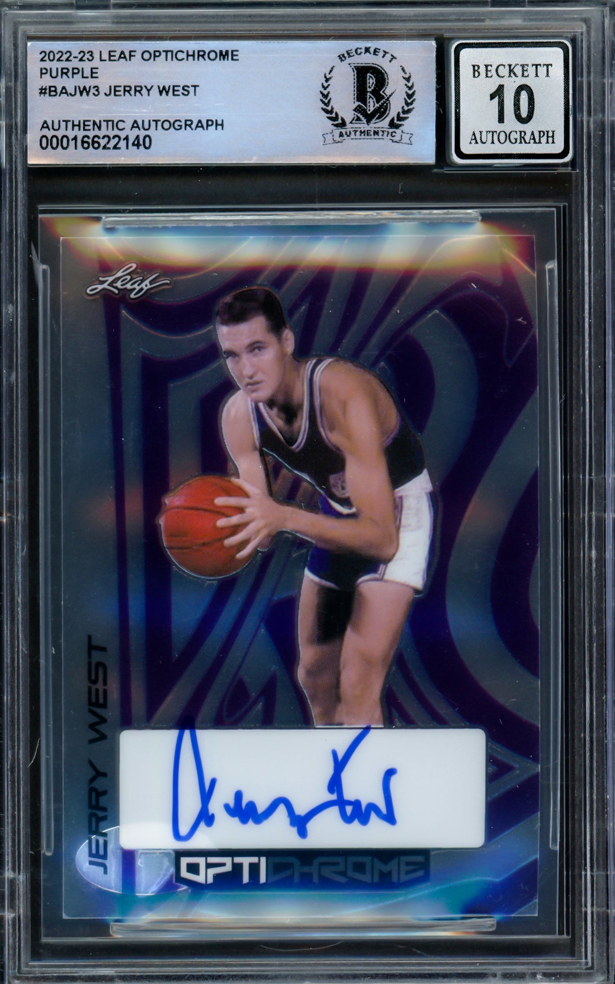 Jerry West Autographed 2022-23 Leaf Optichrome Purple Card #BAJW3 Los Angeles Lakers Auto Grade Gem Mint 10 Beckett BAS #16622140