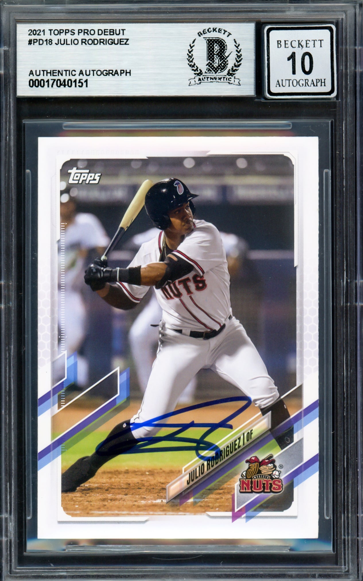 Julio Rodriguez Autographed 2021 Topps Pro Debut Rookie Card #PD18 Seattle Mariners Auto Grade Gem Mint 10 Beckett BAS #17040151