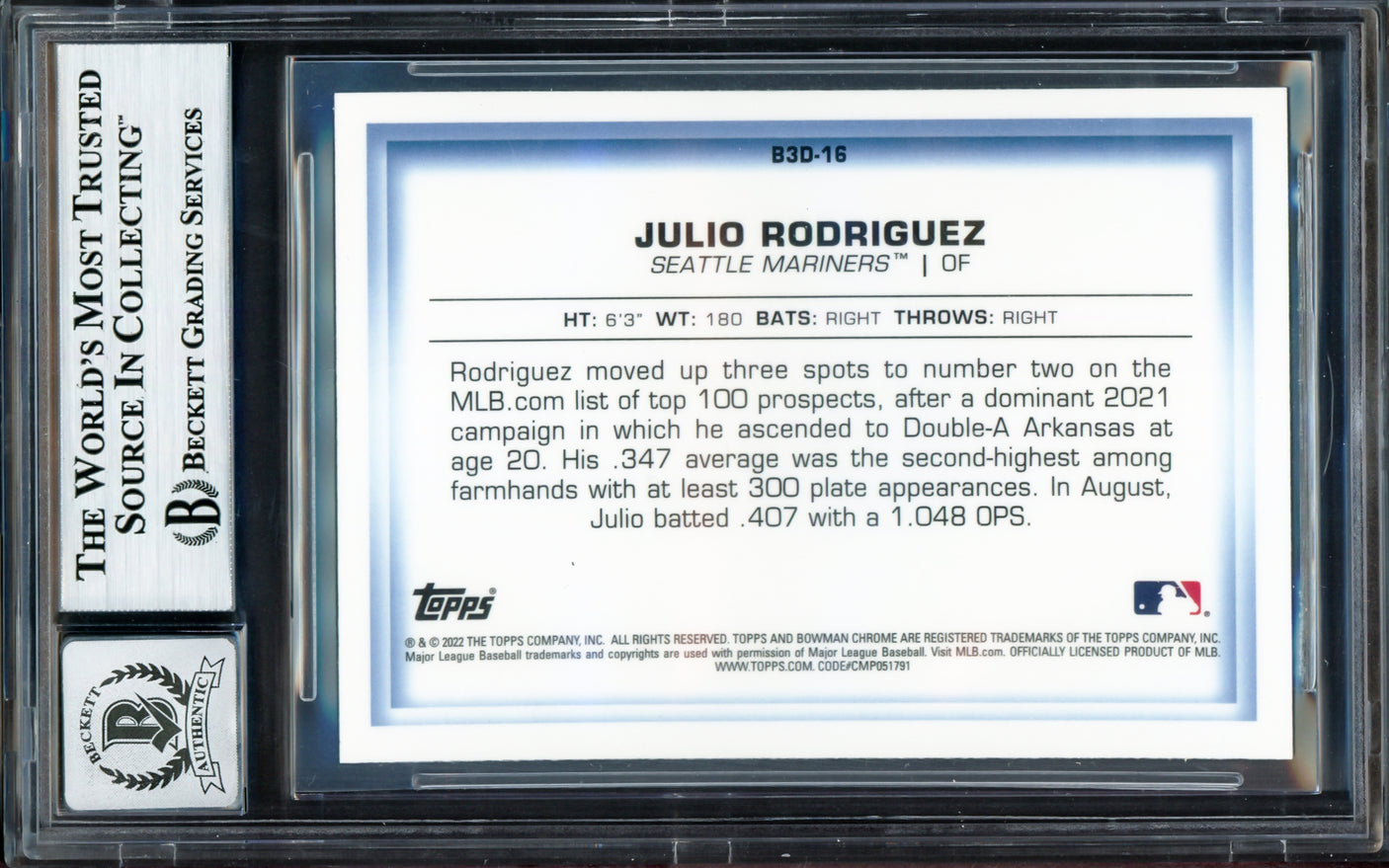 Julio Rodriguez Autographed 2022 Bowman Chrome in 3D Rookie Card #B3D-16 Seattle Mariners Auto Grade Gem Mint 10 Beckett BAS #17040222