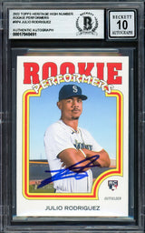 Julio Rodriguez Autographed 2022 Topps Heritage Rookie Performers Rookie Card #RP-4 Seattle Mariners Auto Grade Gem Mint 10 Beckett BAS #17040491