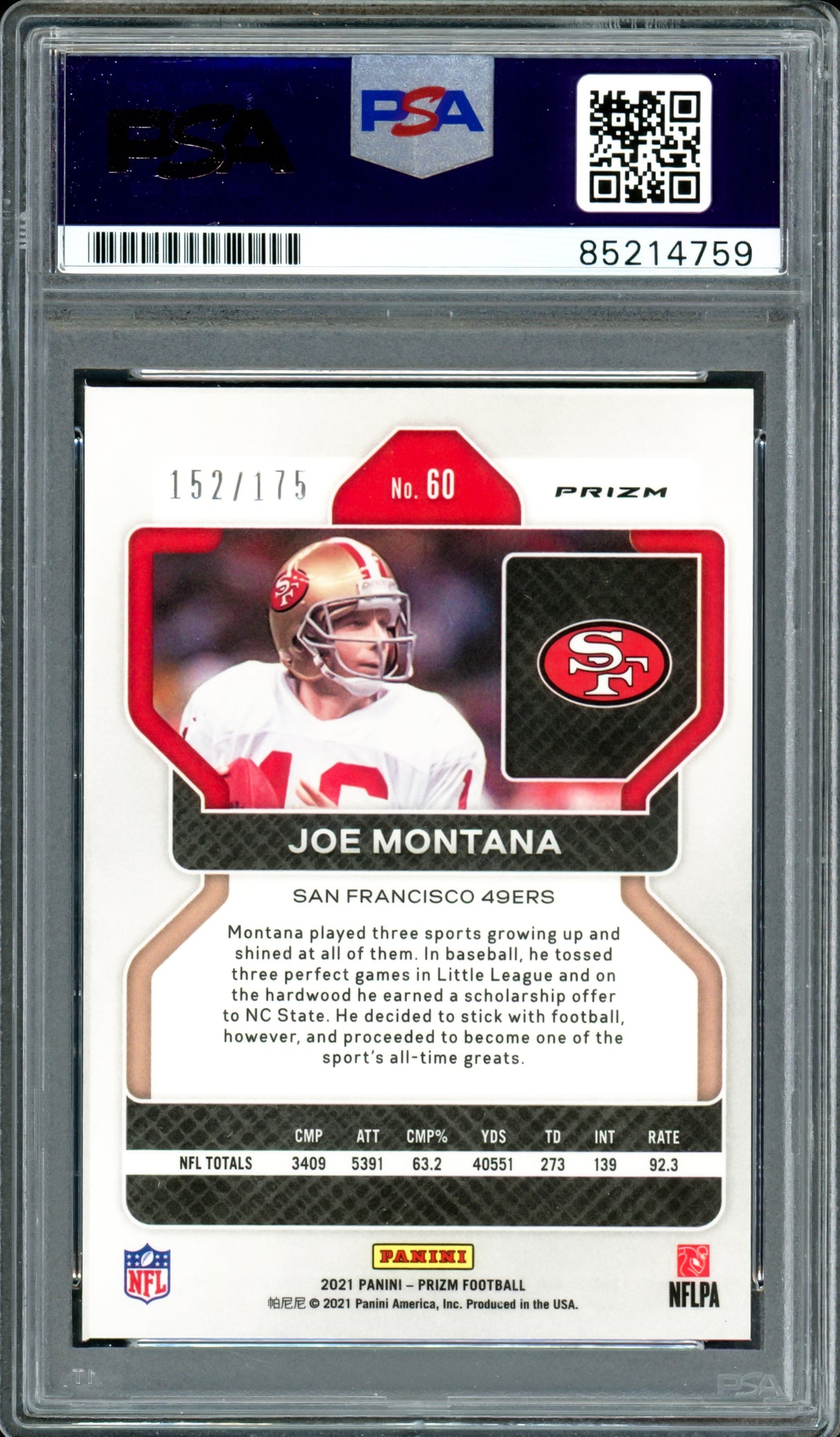 Joe Montana Autographed 2021 Panini Prizm Hyper Green Card #60 San Francisco 49ers Auto Grade Gem Mint 10 #152/175 PSA/DNA #85214759