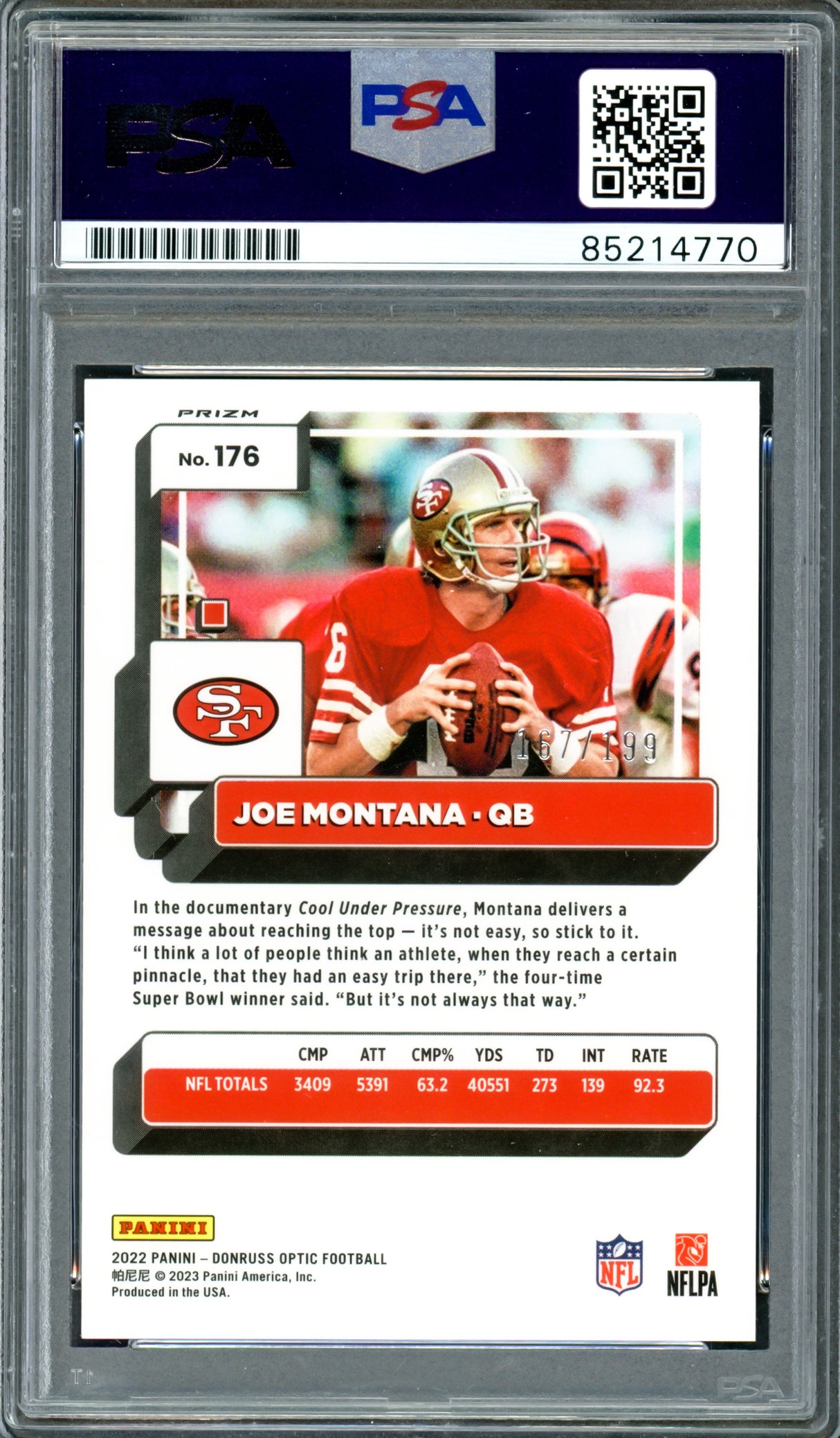 Joe Montana Autographed 2022 Donruss Optic Prizm Orange Card #176 San Francisco 49ers Auto Grade Gem Mint 10 #167/199 PSA/DNA #85214770