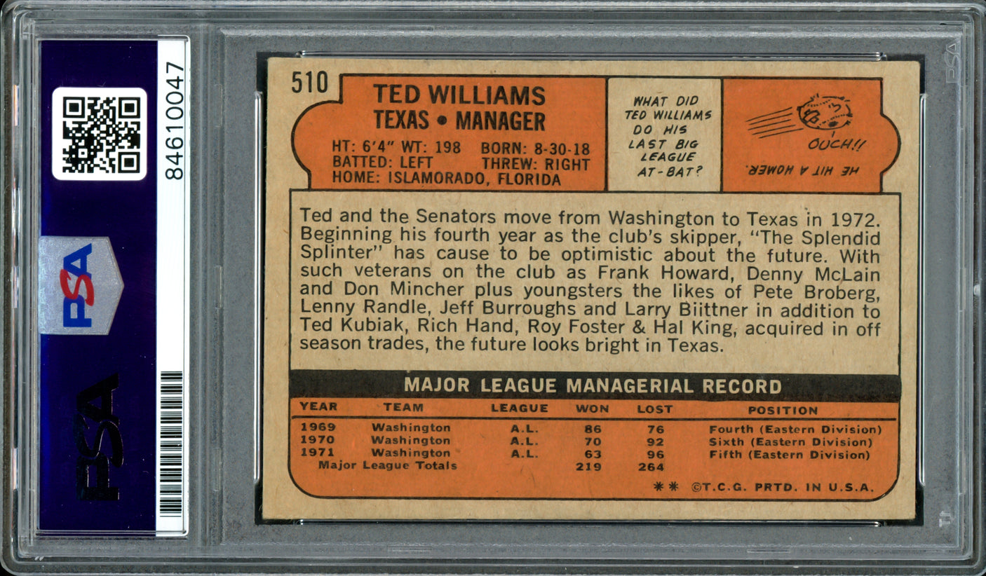 Ted Williams Autographed 1972 Topps Card #510 Texas Rangers PSA/DNA #84610047