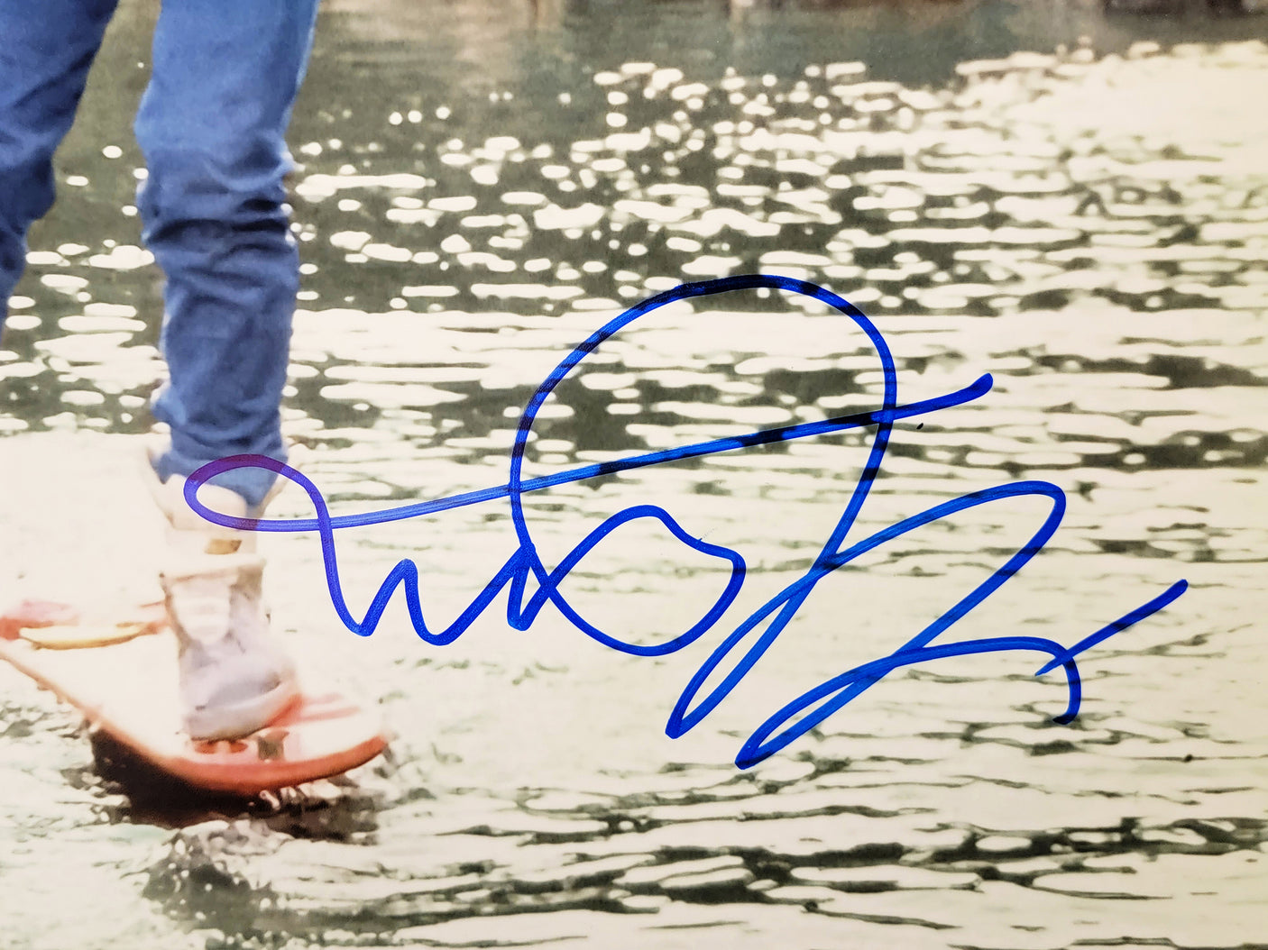 Michael J. Fox Autographed 16x20 Photo Back To The Future Hoverboard Over Water Beckett BAS Witness Stock #209145