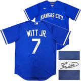 Kansas City Royals Bobby Witt Jr. Autographed Blue Nike Jersey Size M Beckett BAS Witness Stock #235593