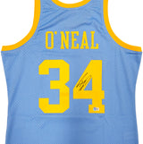 Los Angeles Lakers Shaquille Shaq O'Neal Autographed Baby Blue Authentic Mitchell & Ness 2001-02 HWC Swingman Jersey Size L Beckett BAS Witness Stock #235515