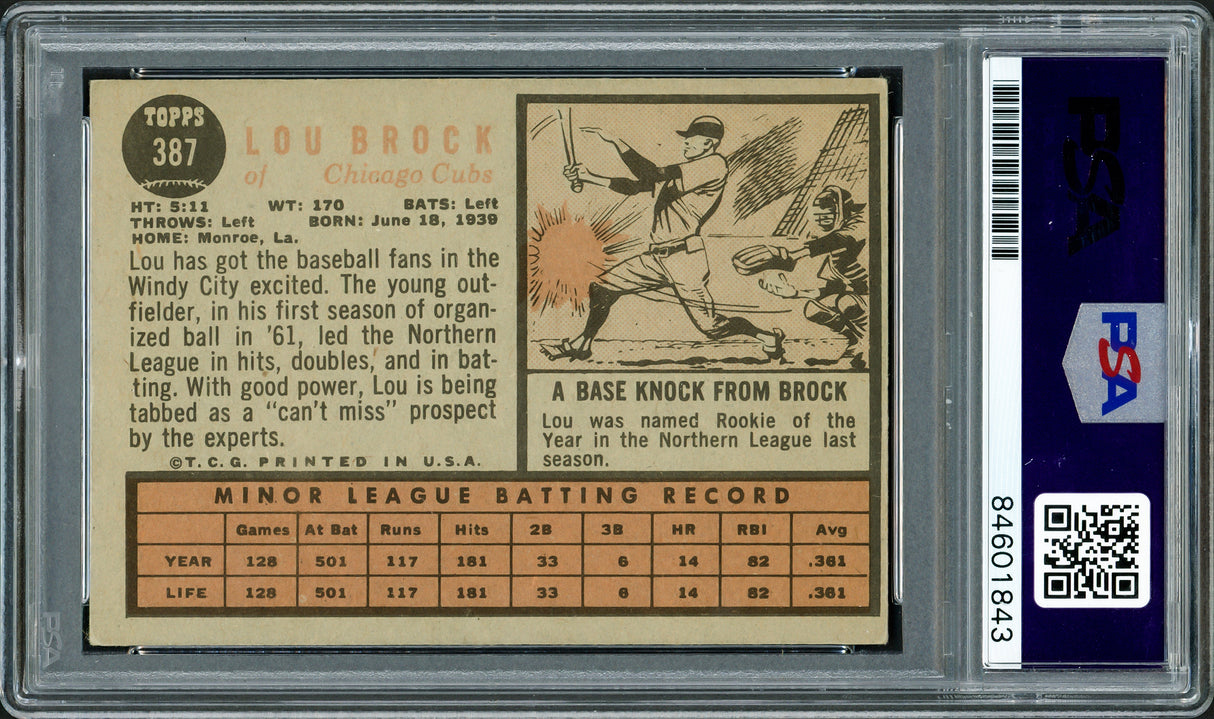Lou Brock Autographed 1962 Topps Rookie Card #387 Chicago Cubs "Vintage Signature" PSA/DNA #84601843