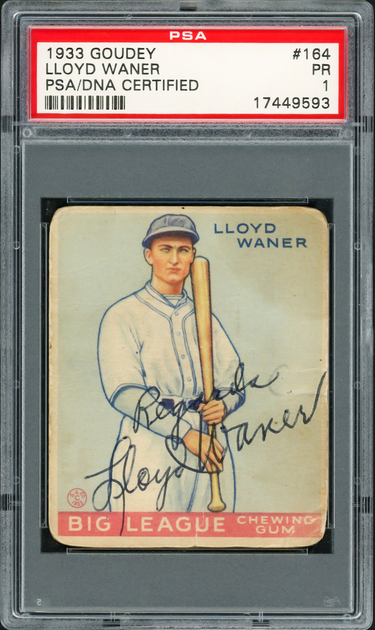 Lloyd Waner Autographed 1933 Goudey Rookie Card #164 Pittsburgh Pirates PSA 1 PSA/DNA #17449593