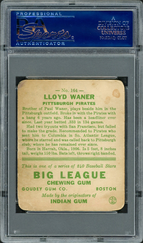 Lloyd Waner Autographed 1933 Goudey Rookie Card #164 Pittsburgh Pirates PSA 1 PSA/DNA #17449593