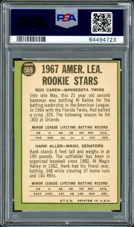 Rod Carew Autographed 1967 Topps Rookie Card #569 Minnesota Twins PSA 4 Auto Grade Gem Mint 10 PSA/DNA #64494723
