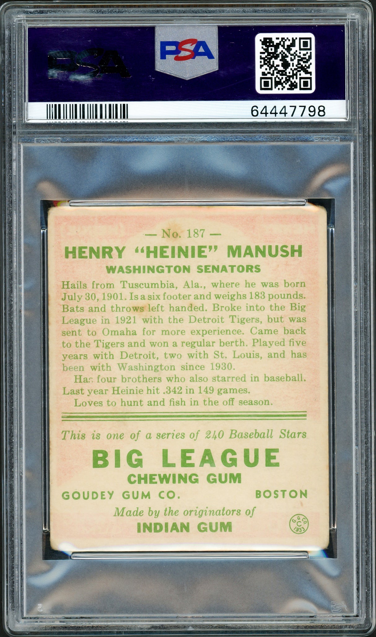 Heinie Manush Autographed 1933 Goudey Rookie Card #187 Washington Senators PSA 2 Auto Grade Mint 9 PSA/DNA #64447798
