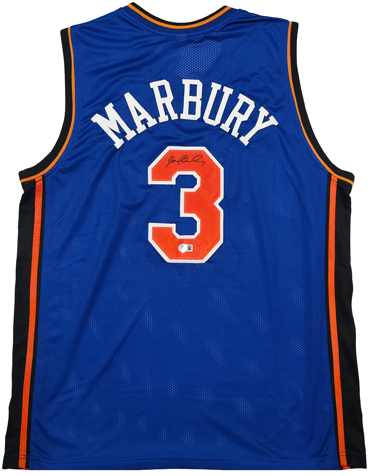 New York Knicks Stephon Marbury Autographed Blue Jersey Beckett BAS Witness Stock #253385
