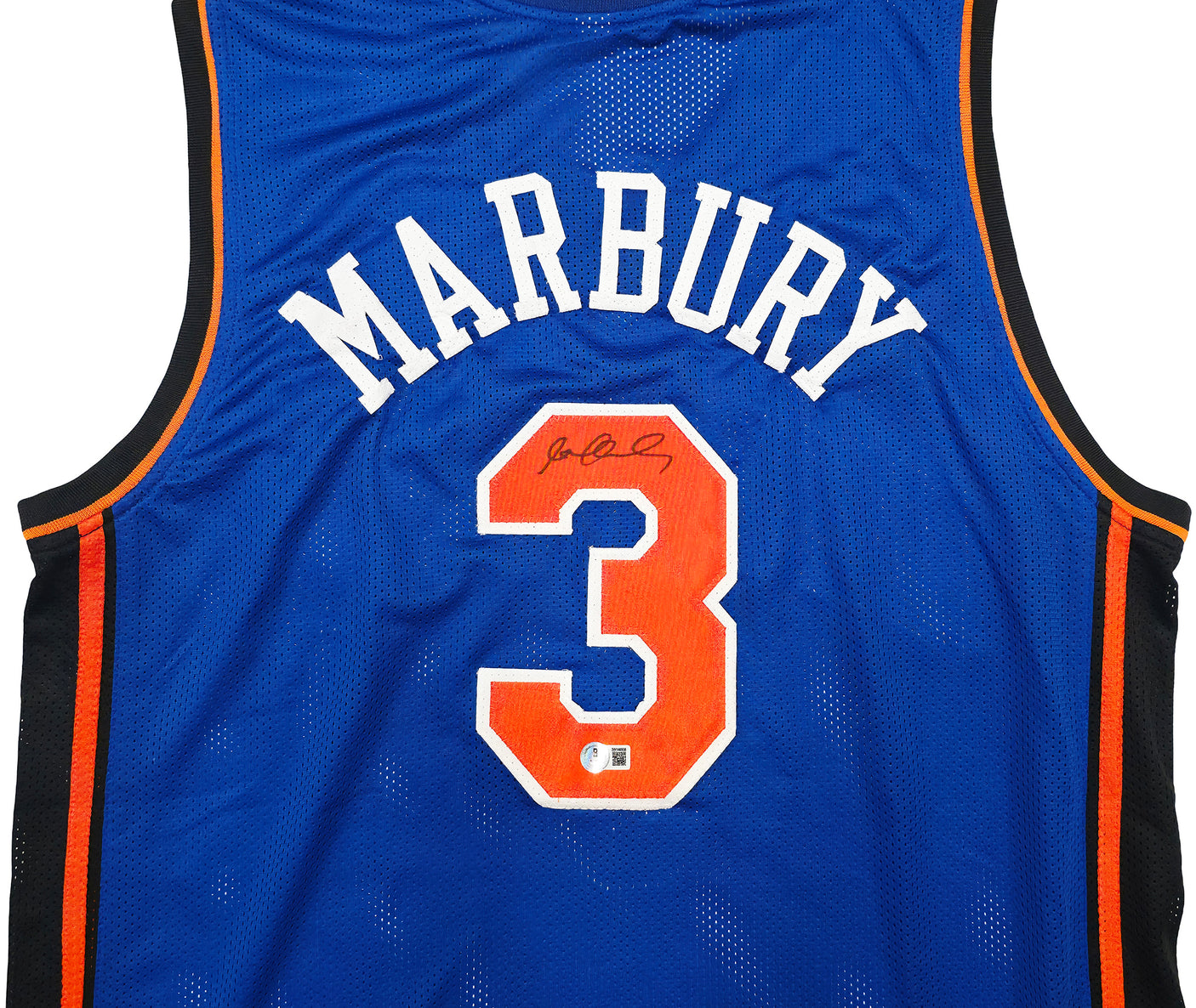 New York Knicks Stephon Marbury Autographed Blue Jersey Beckett BAS Witness Stock #253385