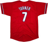 Philadelphia Phillies Trea Turner Autographed Red Jersey Beckett BAS Witness Stock #253488