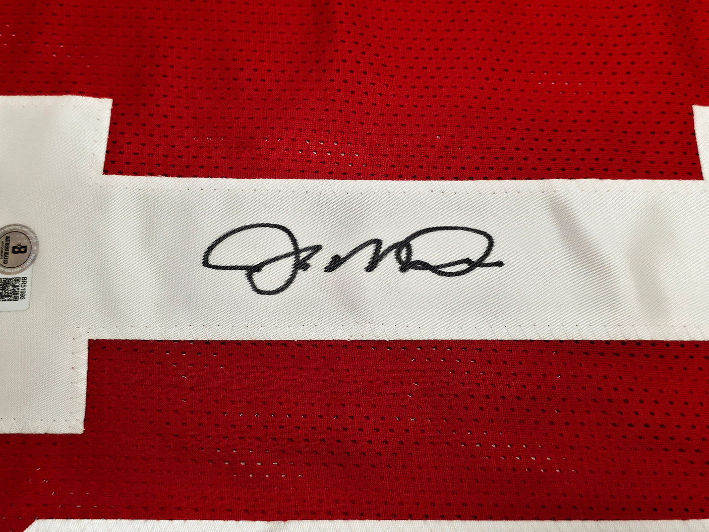 San Francisco 49ers Joe Montana Autographed Red Jersey Beckett BAS QR Stock #253485