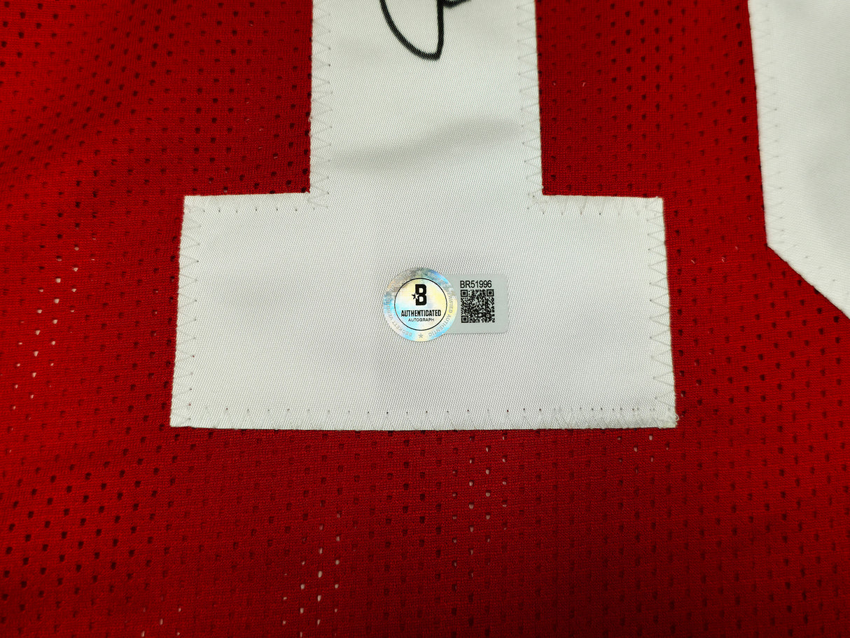 San Francisco 49ers Joe Montana Autographed Red Jersey Beckett BAS QR Stock #253485
