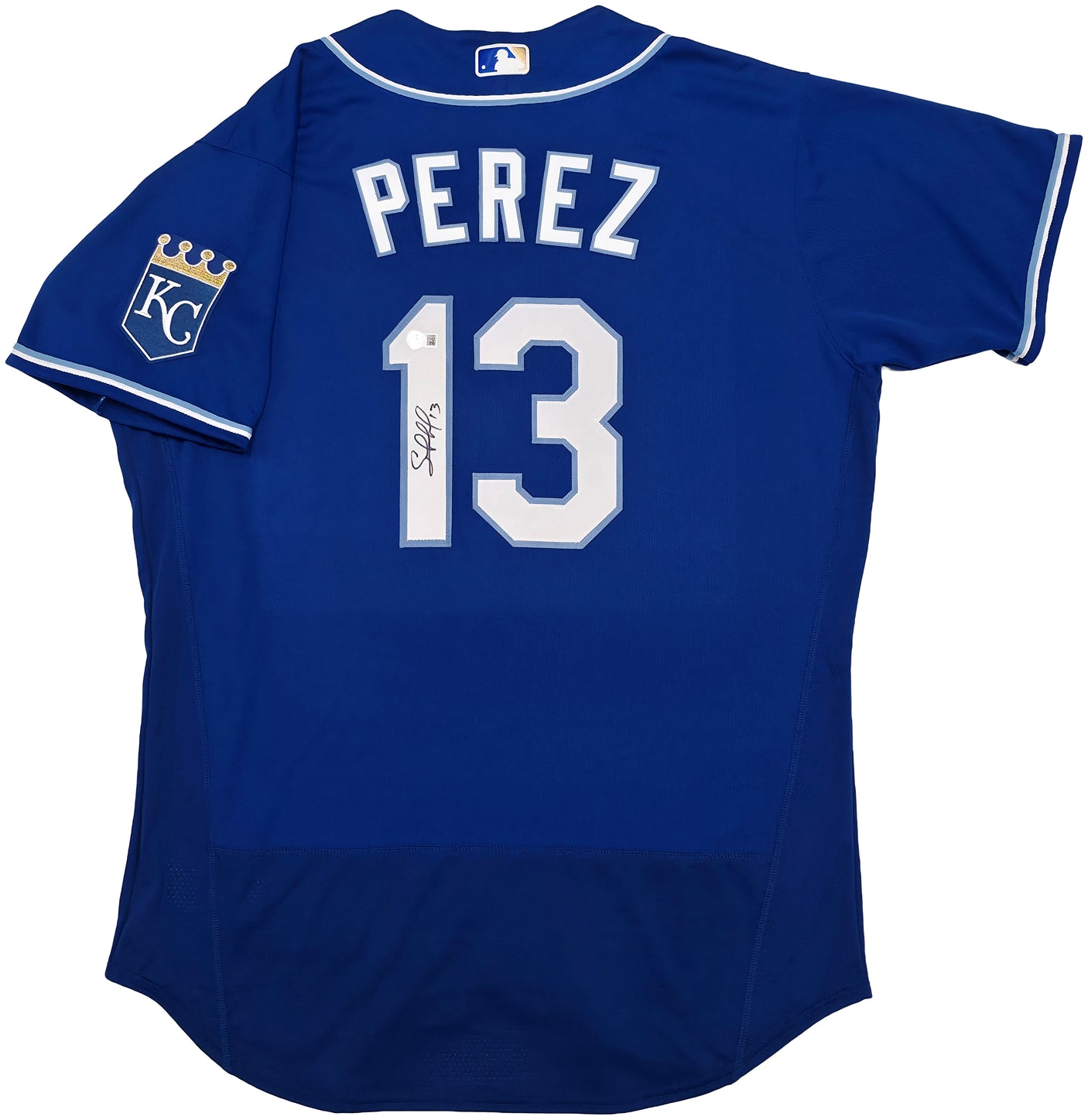 Kansas City Royals Salvador Perez Autographed Blue Nike Authentic Collection Jersey Size 48 Beckett BAS Witness Stock #253492