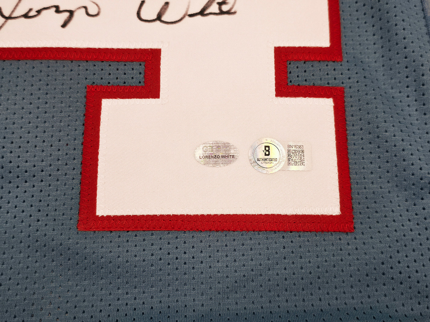 Houston Oilers Lorenzo White Autographed Blue Jersey Beckett BAS QR Stock #253495