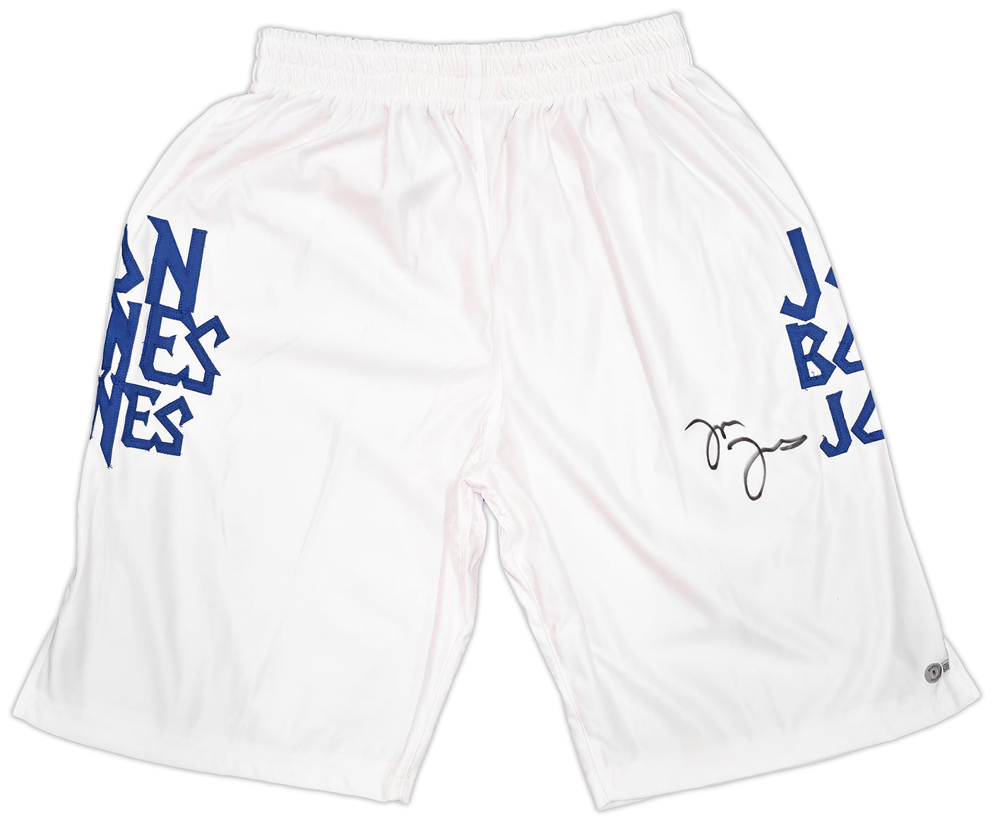 Jon Bones Jones Autographed White MMA Trunks Beckett BAS Witness Stock #253322