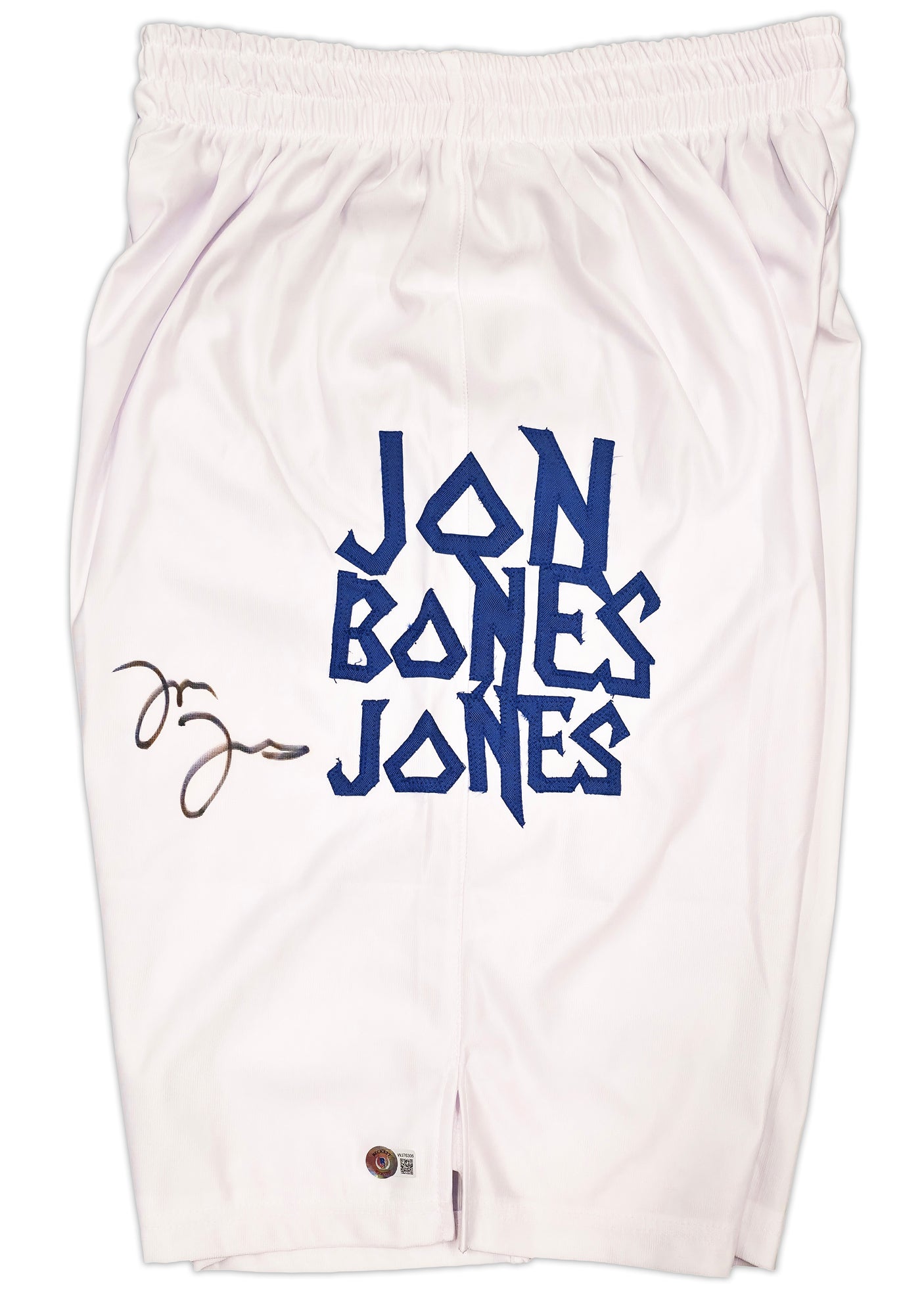 Jon Bones Jones Autographed White MMA Trunks Beckett BAS Witness Stock #253322