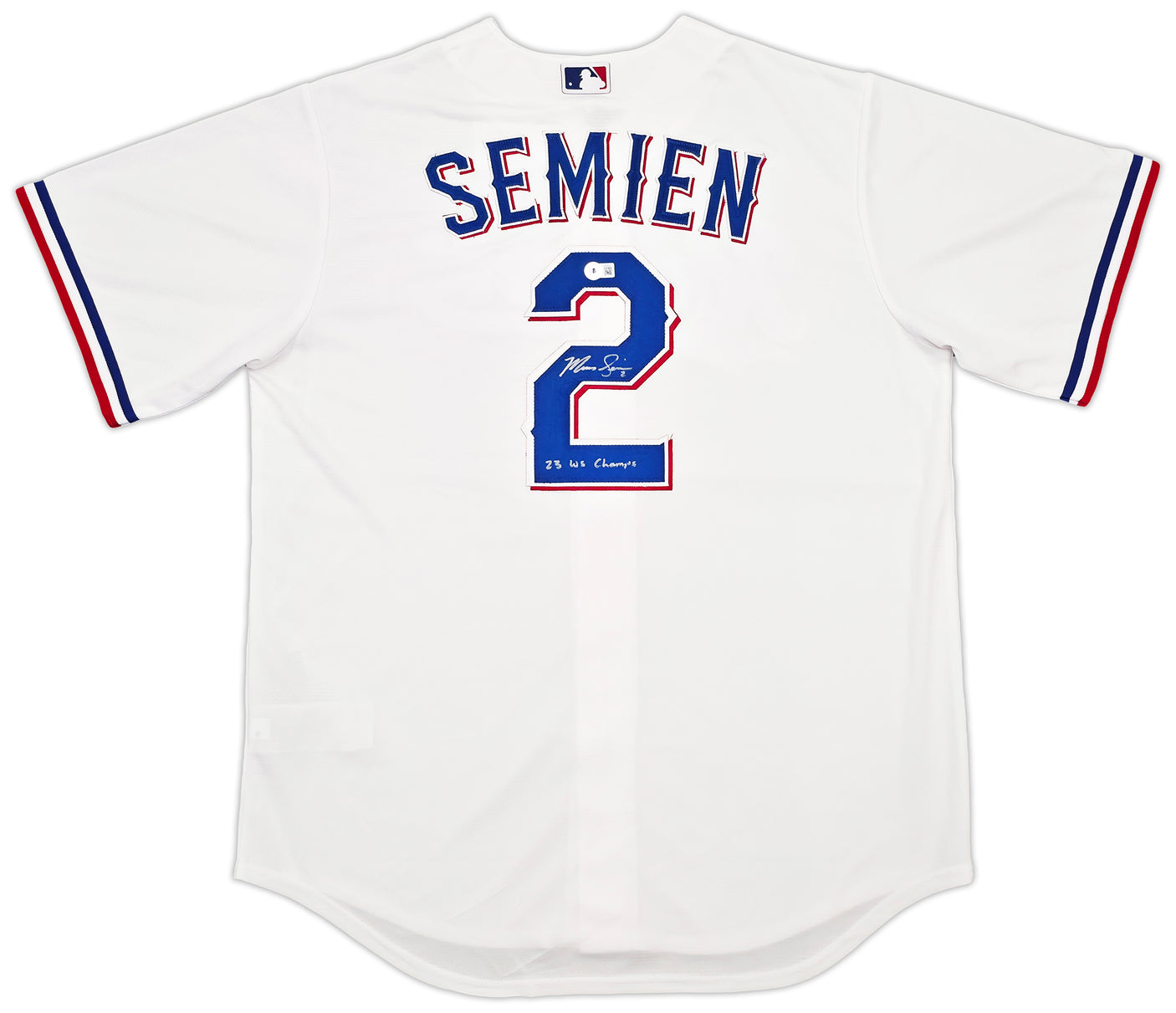 Texas Rangers Marcus Semien Autographed White Nike Jersey Size L "23 WS Champs" Beckett BAS Witness Stock #252433
