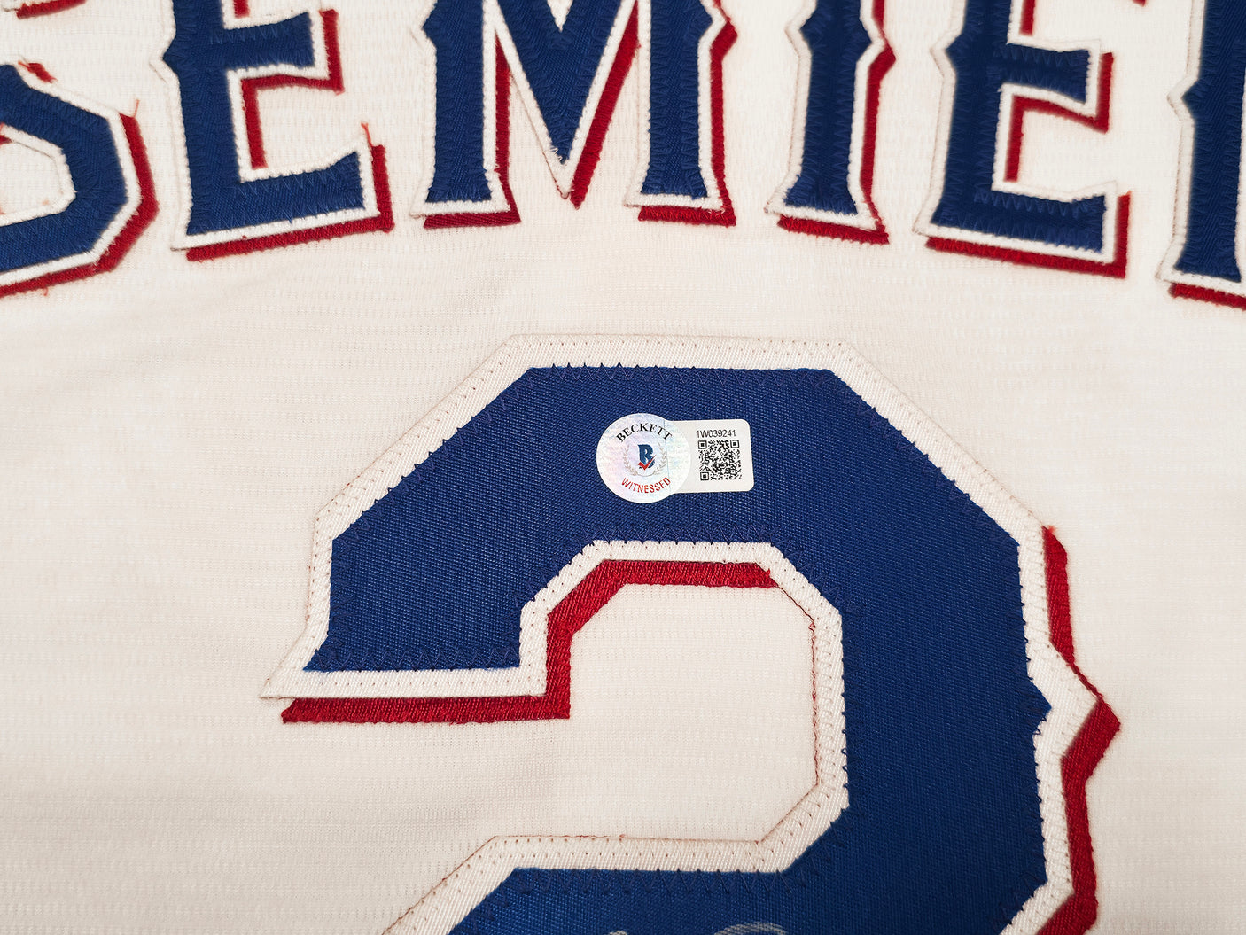 Texas Rangers Marcus Semien Autographed White Nike Jersey Size L "23 WS Champs" Beckett BAS Witness Stock #252433