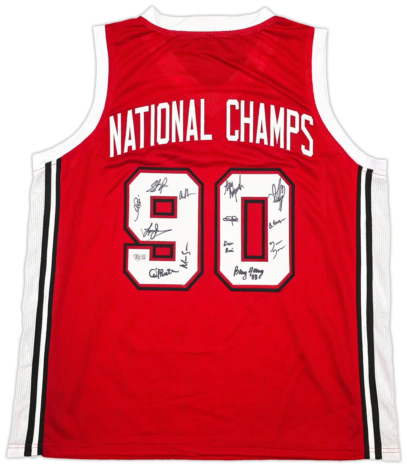 UNLV Runnin Rebels 1990 NCAA Champions Autographed Red Jersey With 13 Signatures Including Larry Johnson Beckett BAS Witness Stock #252797