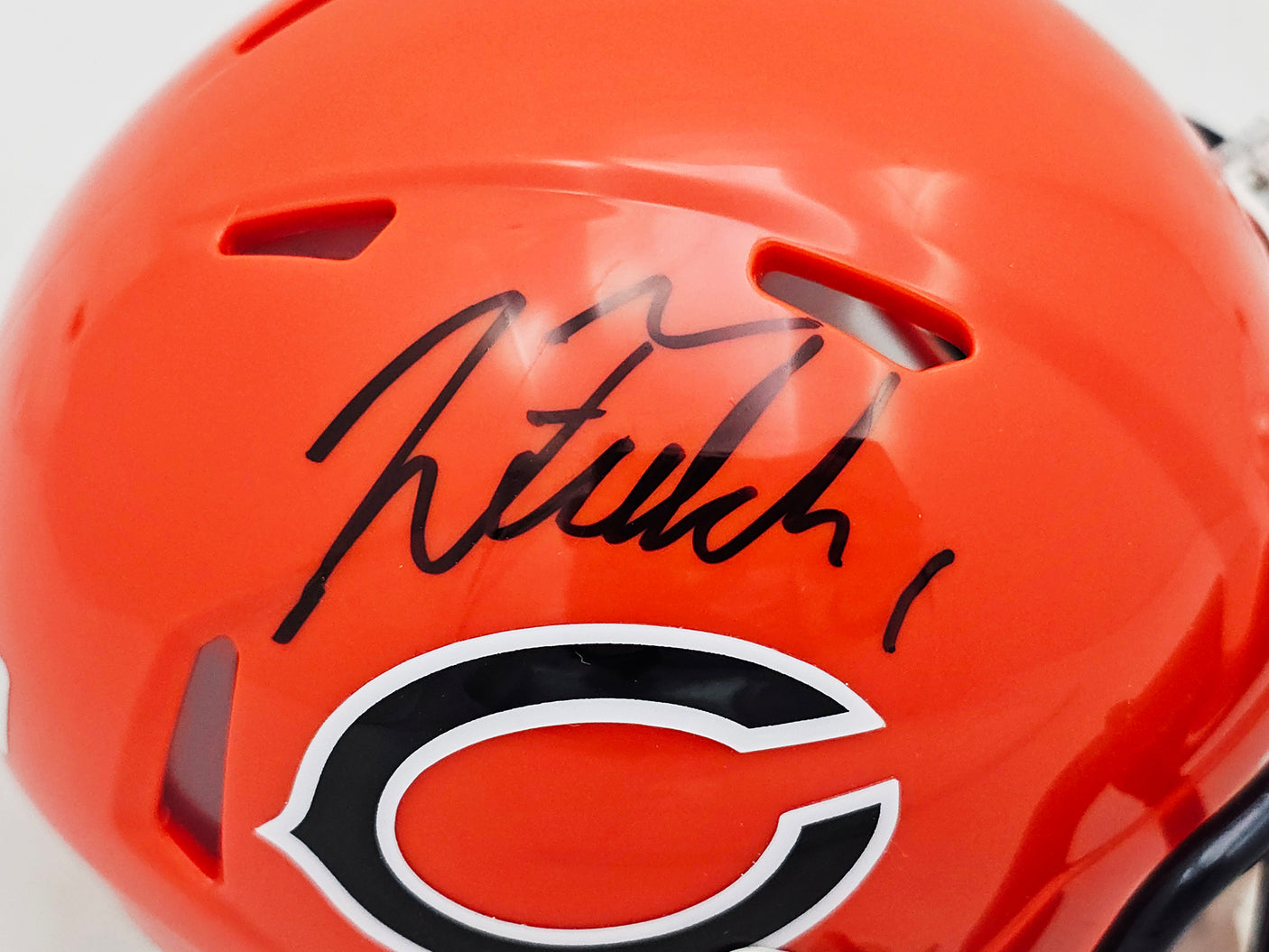 Justin Fields Autographed Chicago Bears 2022 Alternate Orange Speed Mini Helmet Beckett BAS Witness Stock #220590