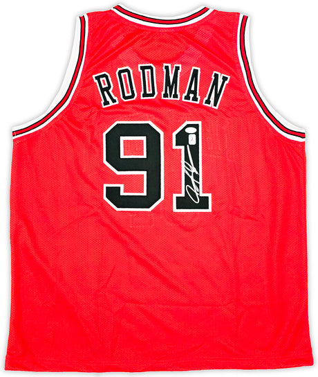 Chicago Bulls Dennis Rodman Autographed Red Jersey JSA Stock #215734