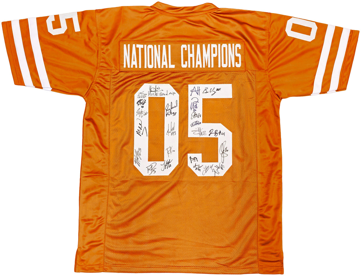2005 CFB National Champions Texas Longhorns Autographed Orange Jersey With 24 Signatures Including Vince Young Beckett BAS QR Stock #234967