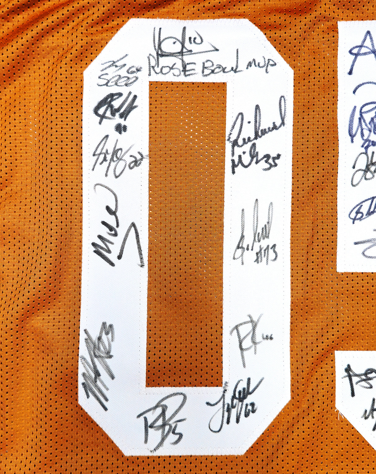 2005 CFB National Champions Texas Longhorns Autographed Orange Jersey With 24 Signatures Including Vince Young Beckett BAS QR Stock #234967