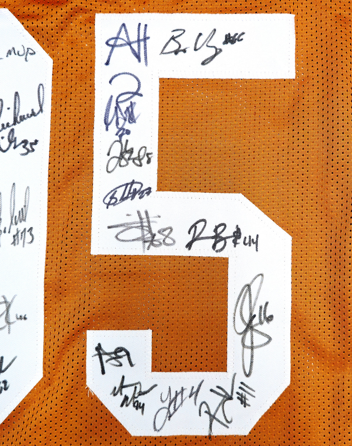 2005 CFB National Champions Texas Longhorns Autographed Orange Jersey With 24 Signatures Including Vince Young Beckett BAS QR Stock #234967