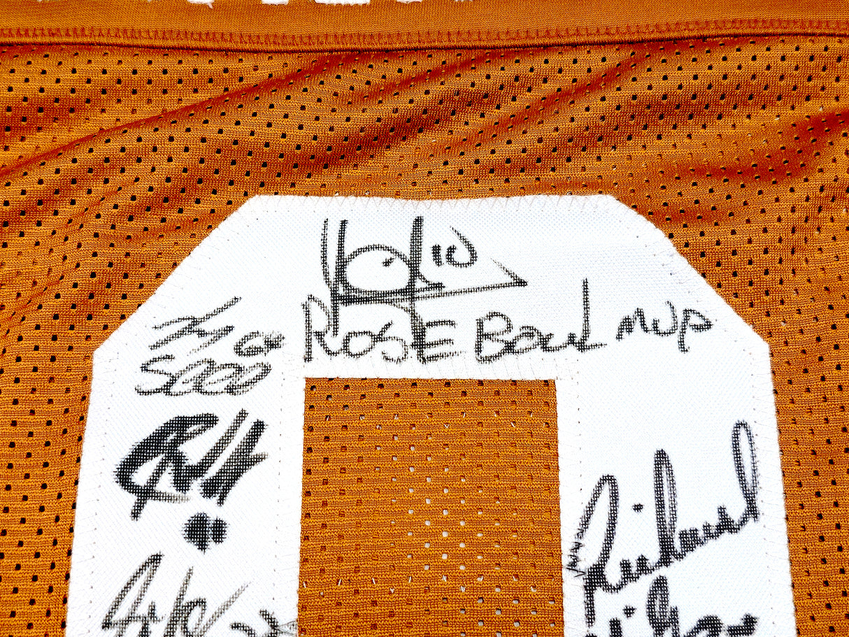 2005 CFB National Champions Texas Longhorns Autographed Orange Jersey With 24 Signatures Including Vince Young Beckett BAS QR Stock #234967