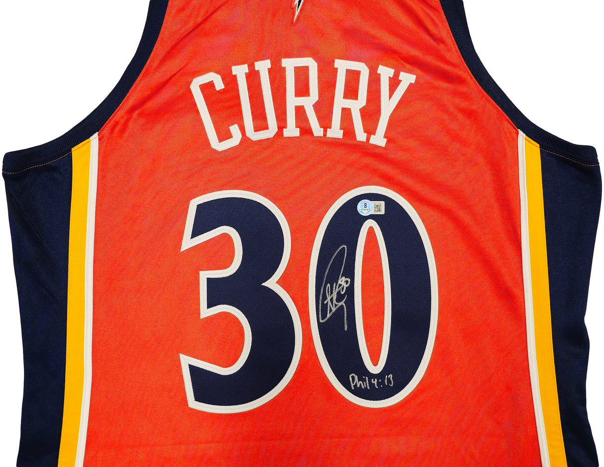 Golden State Warriors Stephen Curry Autographed Orange Authentic Mitchell & Ness 2009-10 HWC Authentic Rookie Jersey Size 44 "Bible Verse" Beckett BAS QR Stock #234958