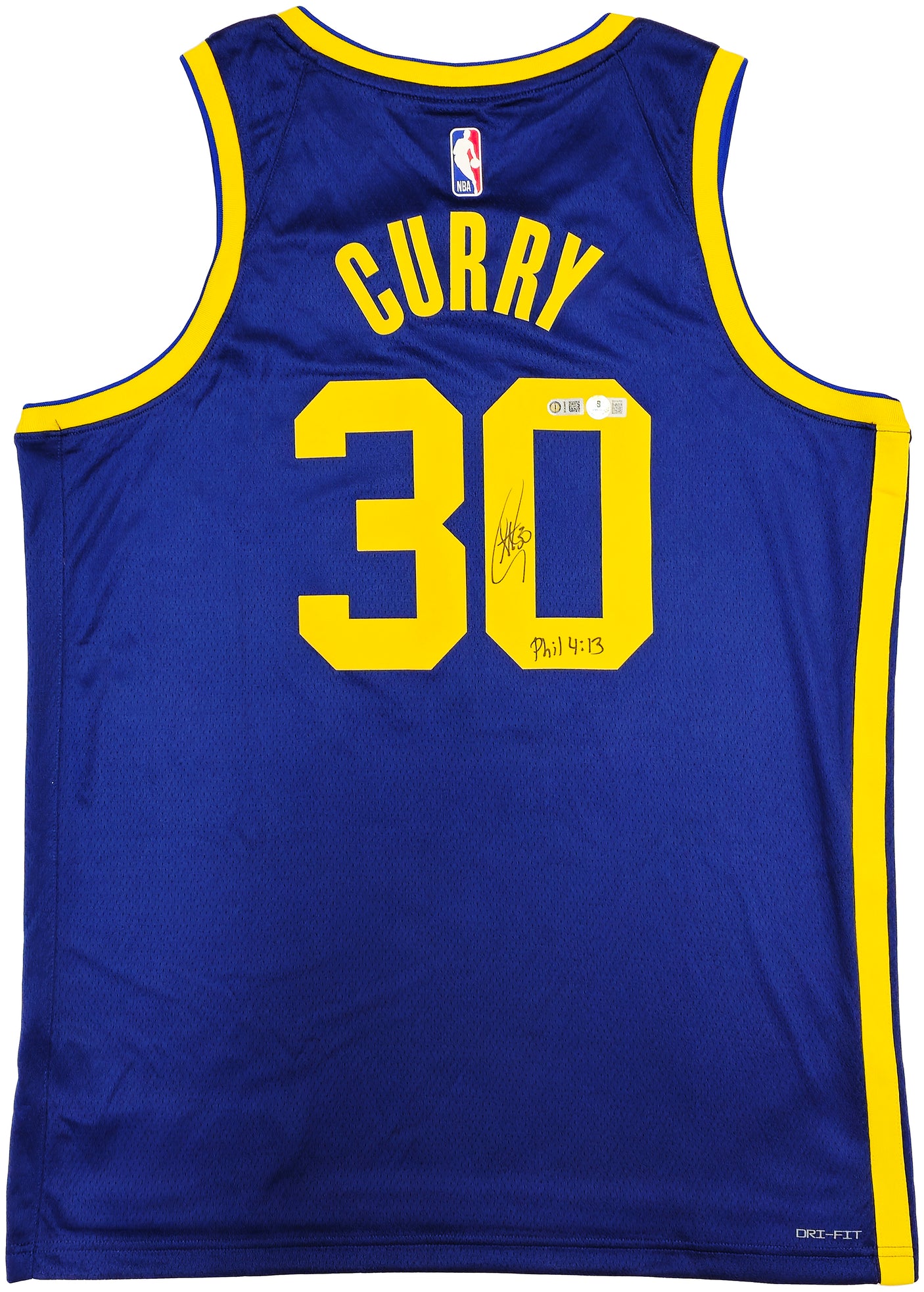 Golden State Warriors Stephen Curry Autographed Blue Nike Jordan Statement Edition Jersey Size 48 "Bible Verse" Beckett BAS QR Stock #234962