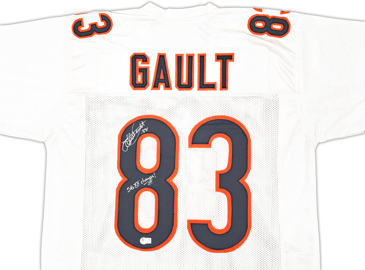 Chicago Bears Willie Gault Autographed White Jersey "SB XX CHAMPS" Beckett BAS Witness Stock #221063