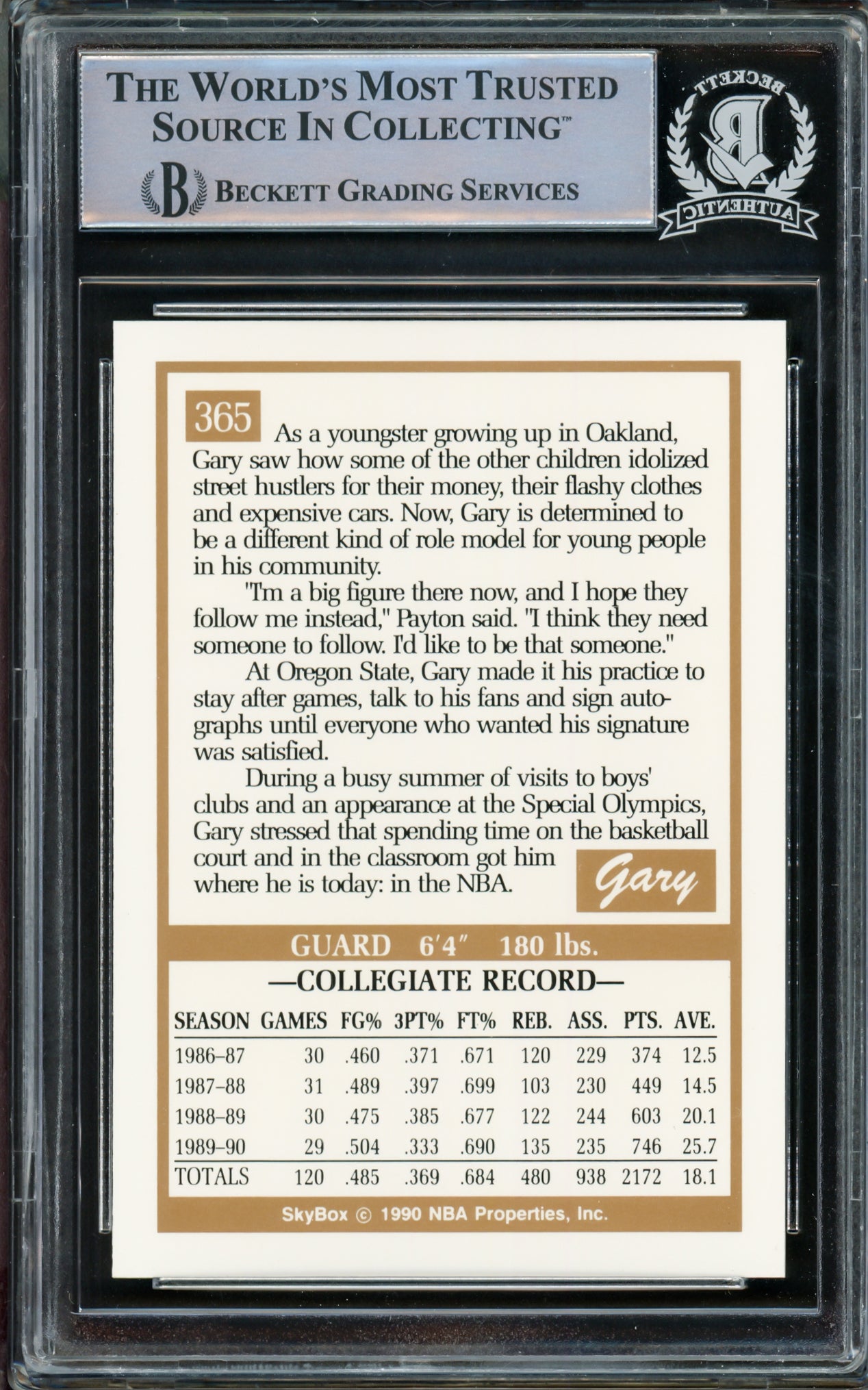 Gary Payton Autographed 1990-91 Skybox Rookie Card #365 Seattle Supersonics Beckett BAS Stock #209779