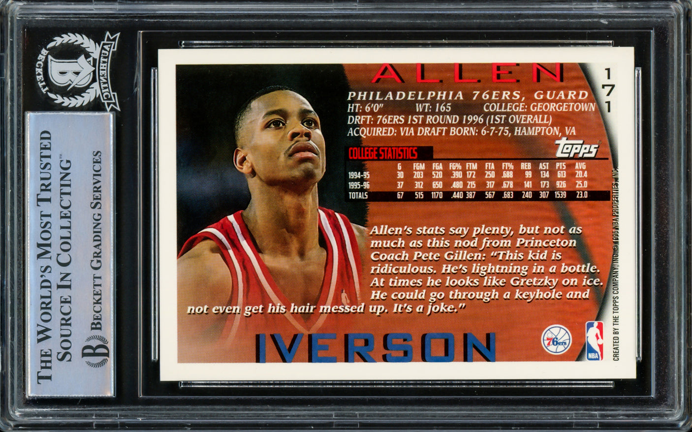 Allen Iverson Autographed 1996-97 Topps Rookie Card #171 Philadelphia 76ers Beckett BAS Stock #209780