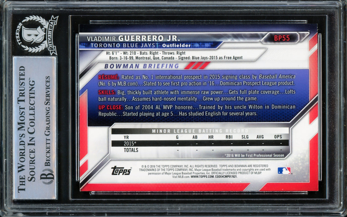 Vladimir Guerrero Jr. Autographed 2016 Bowman Prospects Rookie Card #BP55 Toronto Blue Jays Beckett BAS Stock #209784