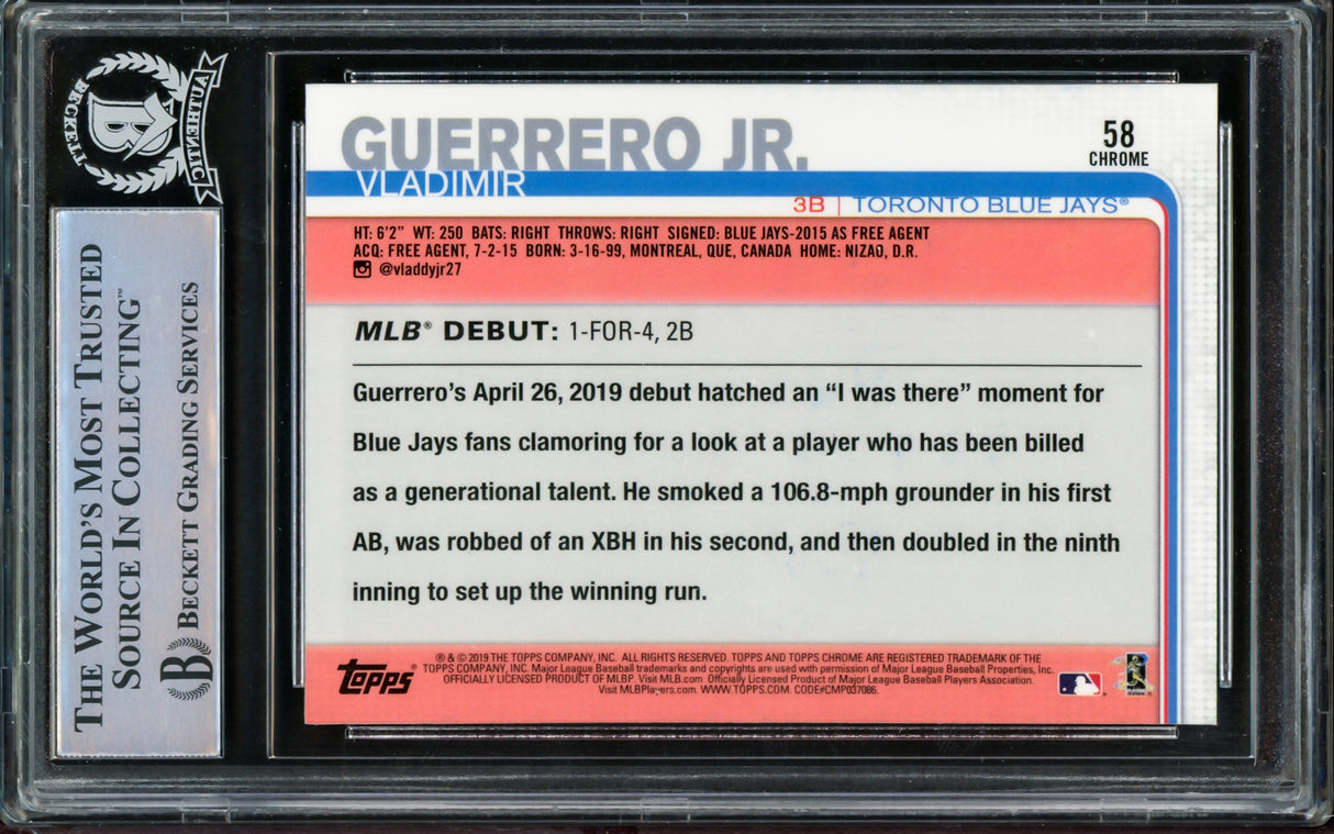Vladimir Guerrero Jr. Autographed 2019 Topps Chrome Update Rookie Card #58 Toronto Blue Jays Beckett BAS Stock #209785