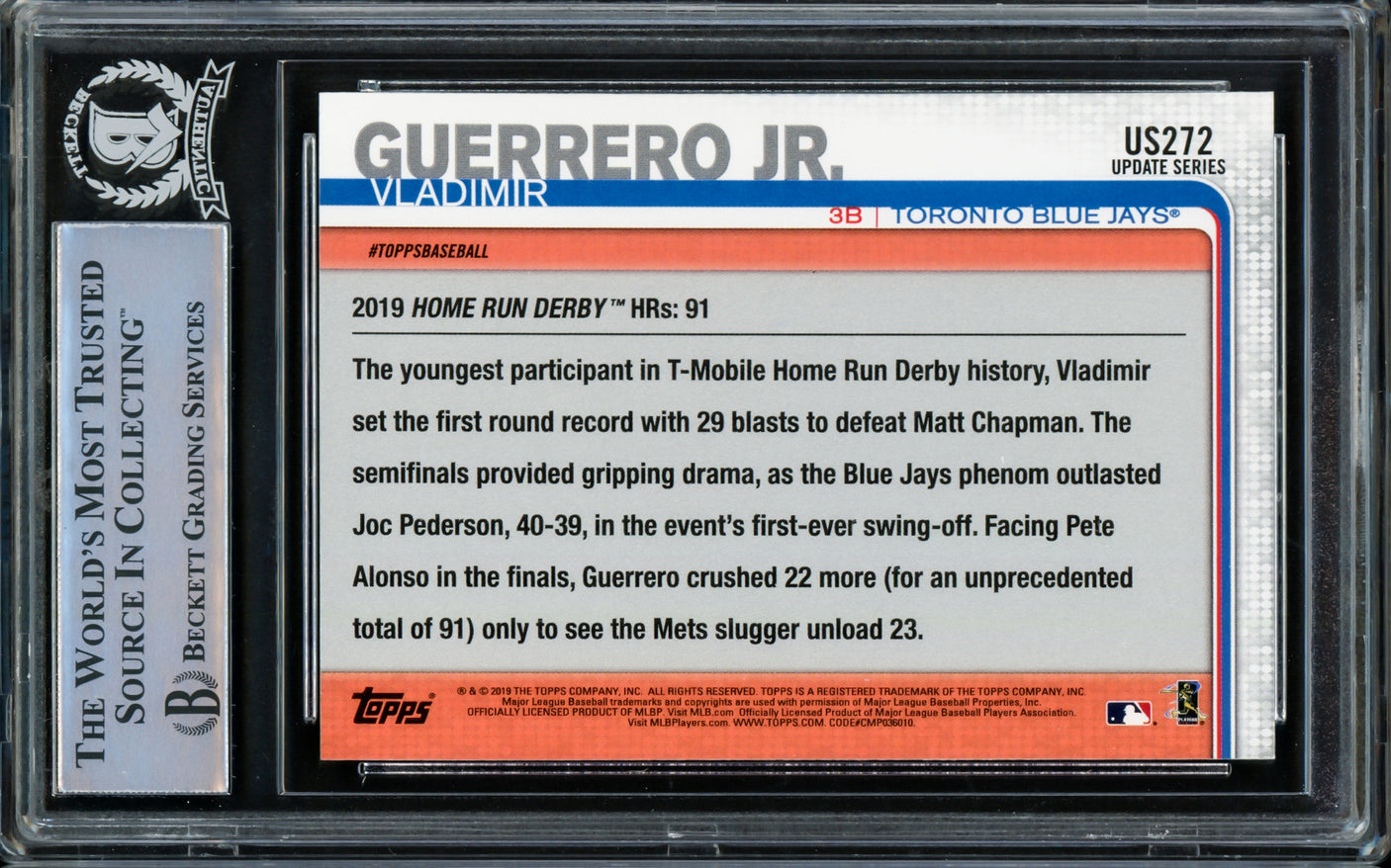 Vladimir Guerrero Jr. Autographed 2019 Topps Update Rookie Card #US272 Toronto Blue Jays Beckett BAS Stock #209786